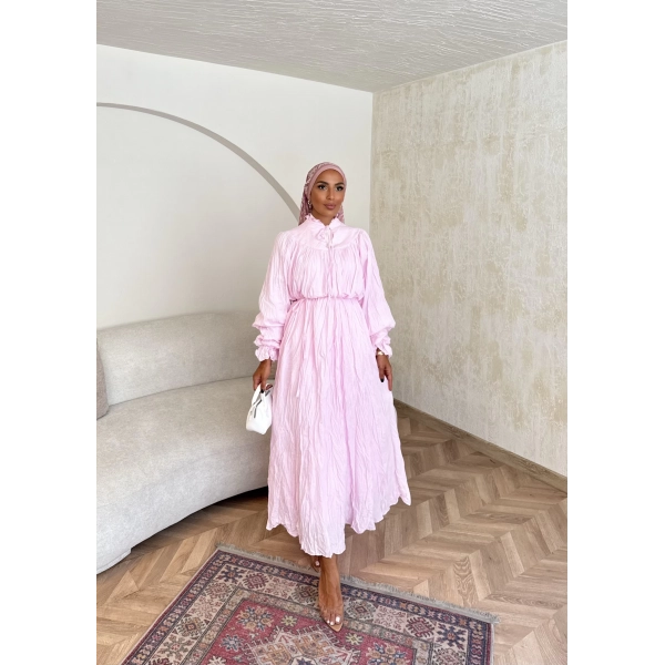 Veluna Kırışık Elbise - Pembe