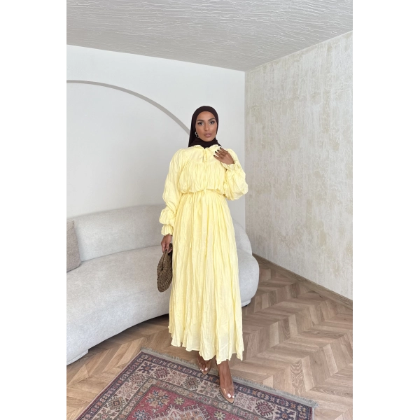 Veluna Kırışık Elbise - Sarı
