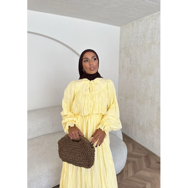 Veluna Kırışık Elbise - Sarı