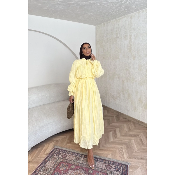 Veluna Kırışık Elbise - Sarı