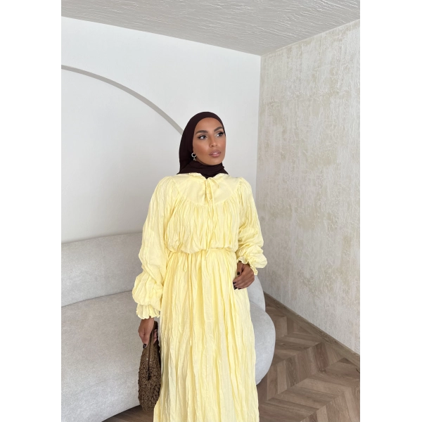 Veluna Kırışık Elbise - Sarı