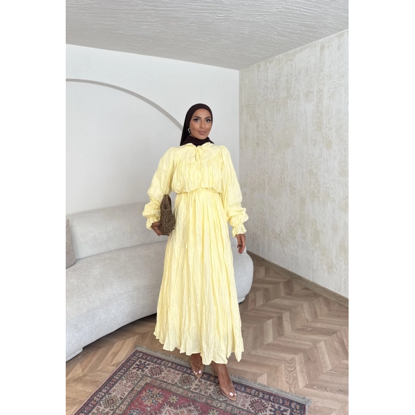 Veluna Kırışık Elbise - Sarı