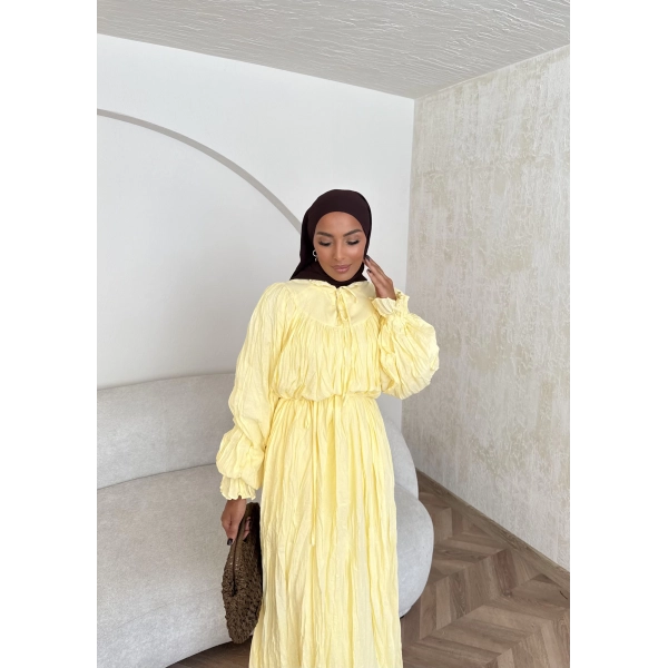 Veluna Kırışık Elbise - Sarı