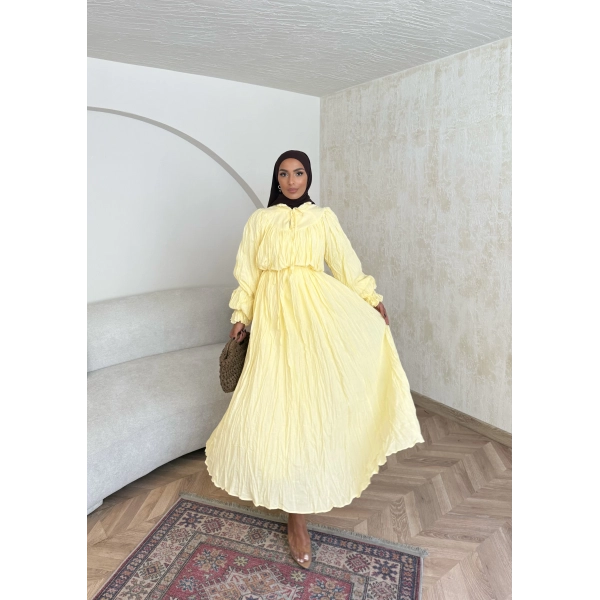 Veluna Kırışık Elbise - Sarı