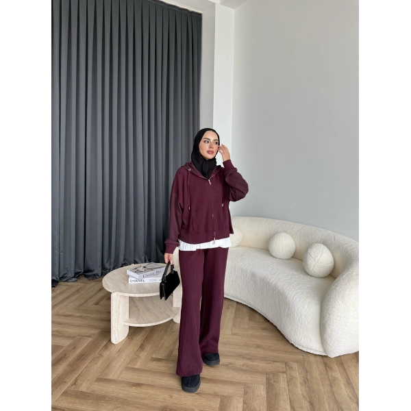 Venusa Kapşonlu Triko Takım - Bordo