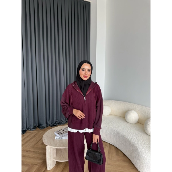 Venusa Kapşonlu Triko Takım - Bordo
