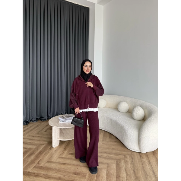 Venusa Kapşonlu Triko Takım - Bordo