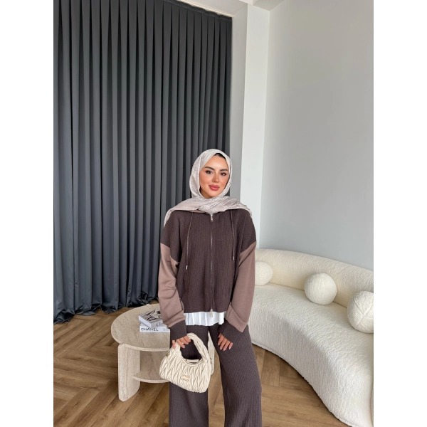 Venusa Kapşonlu Triko Takım - Kahve
