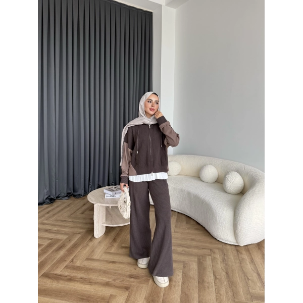 Venusa Kapşonlu Triko Takım - Kahve