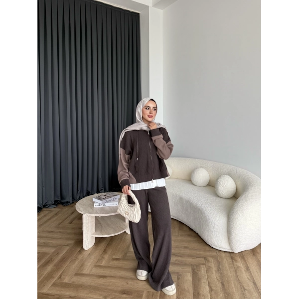 Venusa Kapşonlu Triko Takım - Kahve