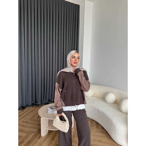 Venusa Kapşonlu Triko Takım - Kahve