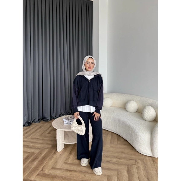 Venusa Kapşonlu Triko Takım - Lacivert