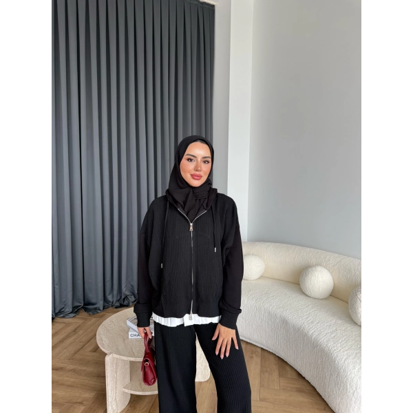 Venusa Kapşonlu Triko Takım - Siyah
