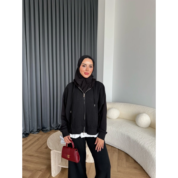 Venusa Kapşonlu Triko Takım - Siyah