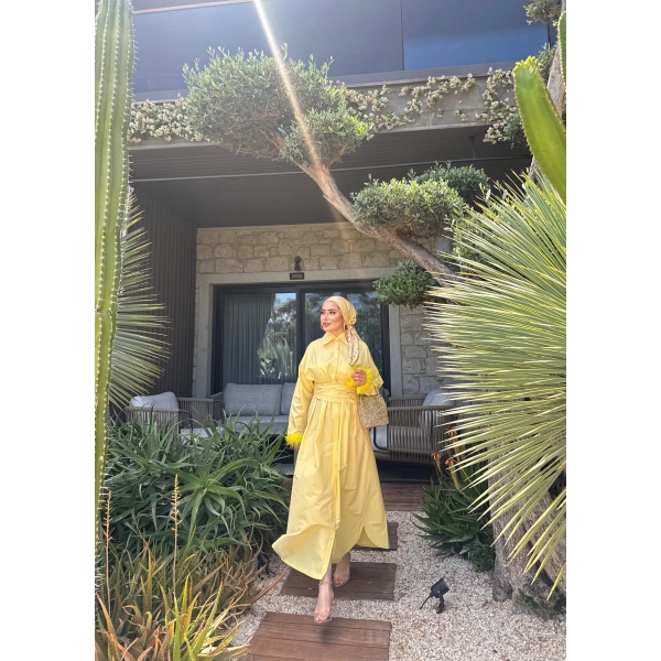 Woun Kol Detay Elbise - Sarı