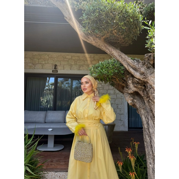 Woun Kol Detay Elbise - Sarı