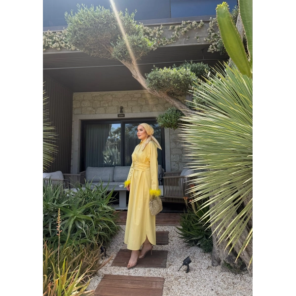 Woun Kol Detay Elbise - Sarı