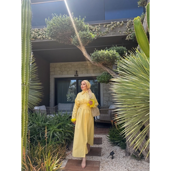 Woun Kol Detay Elbise - Sarı