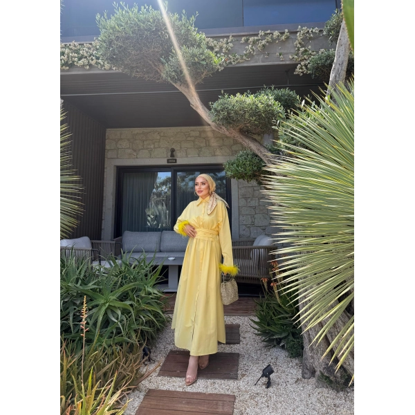 Woun Kol Detay Elbise - Sarı