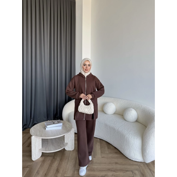 Yan Fermuarlı 3 İplik Takım - Acı Kahve