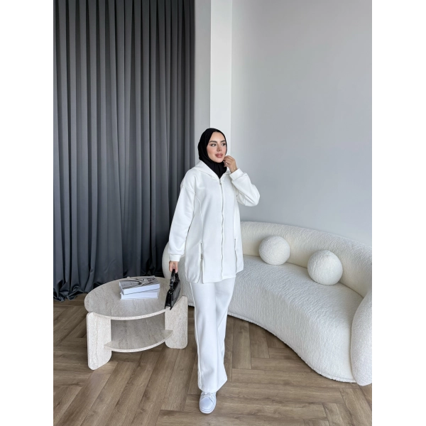 Yan Fermuarlı 3 İplik Takım - Beyaz