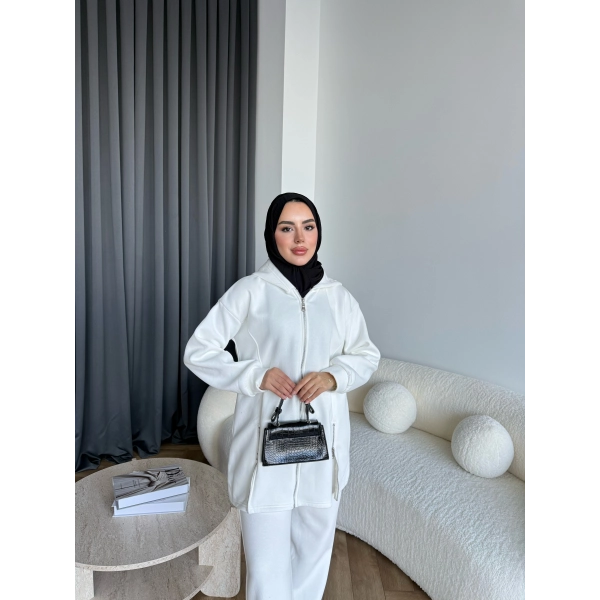 Yan Fermuarlı 3 İplik Takım - Beyaz