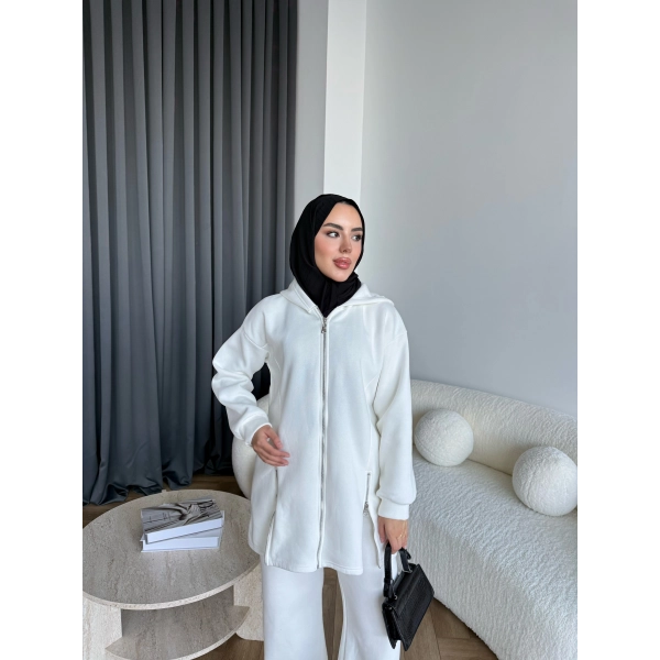 Yan Fermuarlı 3 İplik Takım - Beyaz