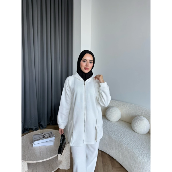 Yan Fermuarlı 3 İplik Takım - Beyaz