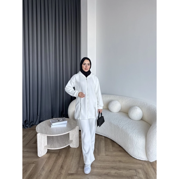 Yan Fermuarlı 3 İplik Takım - Beyaz