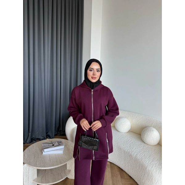 Yan Fermuarlı 3 İplik Takım - Bordo