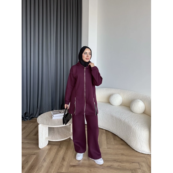 Yan Fermuarlı 3 İplik Takım - Bordo