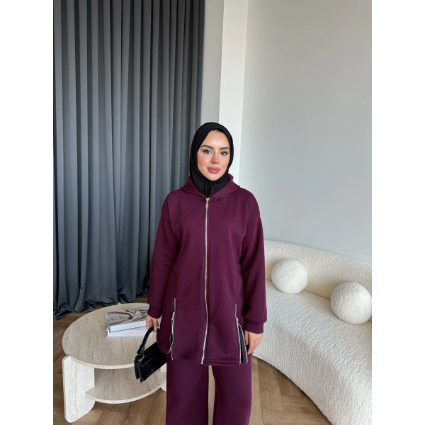 Yan Fermuarlı 3 İplik Takım - Bordo