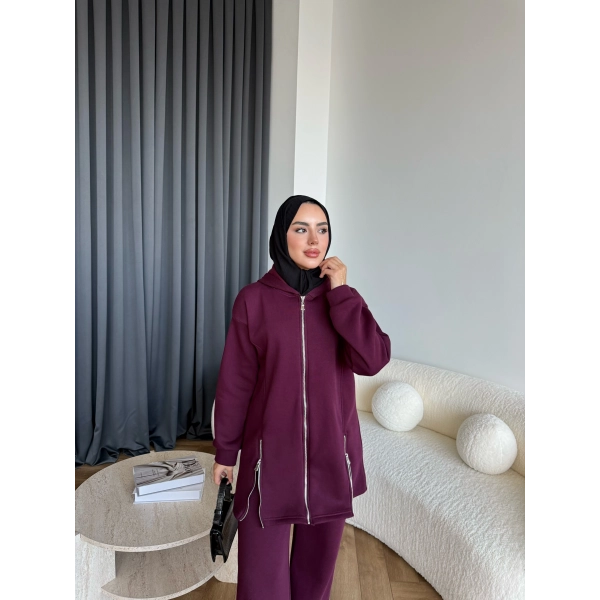 Yan Fermuarlı 3 İplik Takım - Bordo