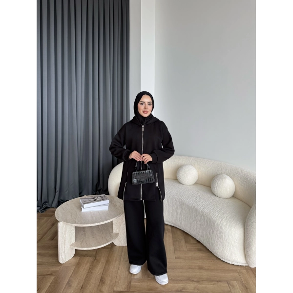 Yan Fermuarlı 3 İplik Takım - Siyah