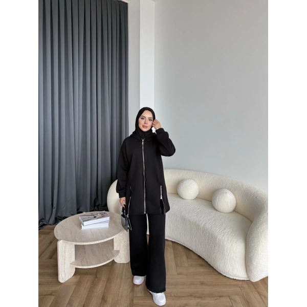 Yan Fermuarlı 3 İplik Takım - Siyah