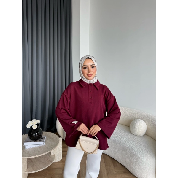 Yds - Petra Düğmeli Sweatshırt - Bordo