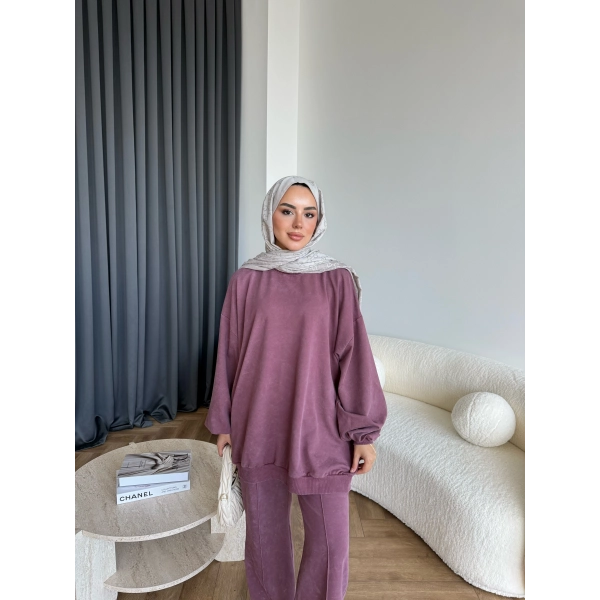 Yıkamalı Eşofman Takım - Bordo