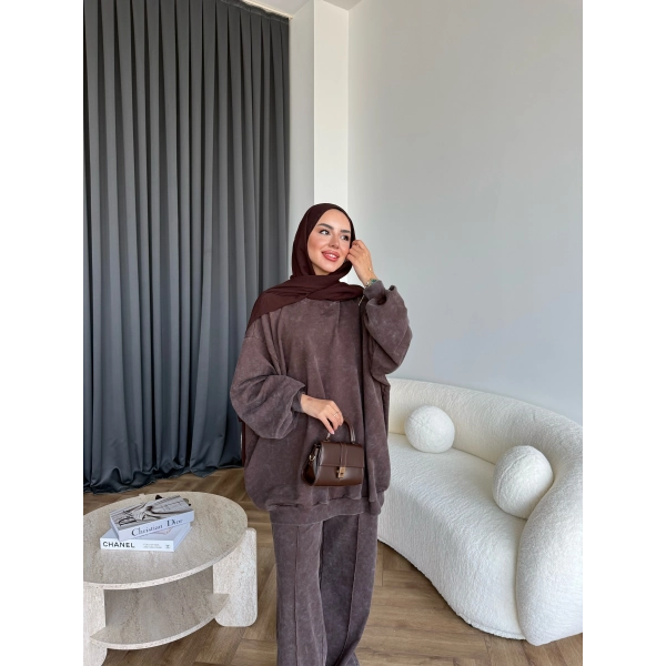 Yıkamalı Eşofman Takım - Kahve