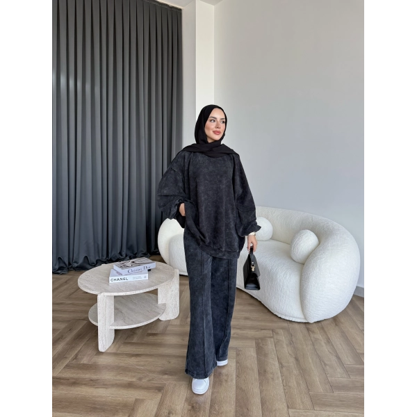 Yıkamalı Eşofman Takım - Siyah