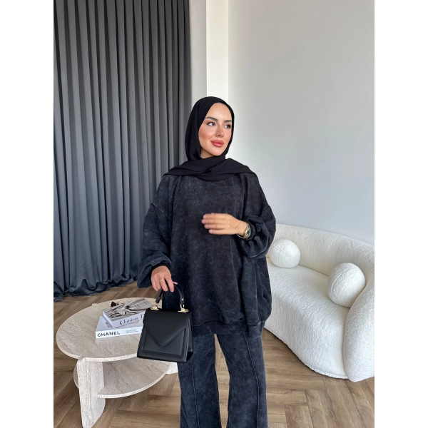 Yıkamalı Eşofman Takım - Siyah