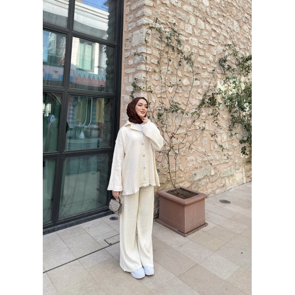 Zeyn Düğmeli Triko Takım - Bej