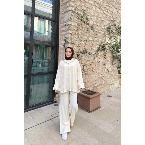 Zeyn Düğmeli Triko Takım - Bej