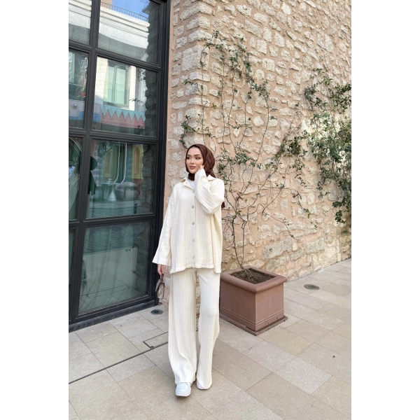 Zeyn Düğmeli Triko Takım - Bej