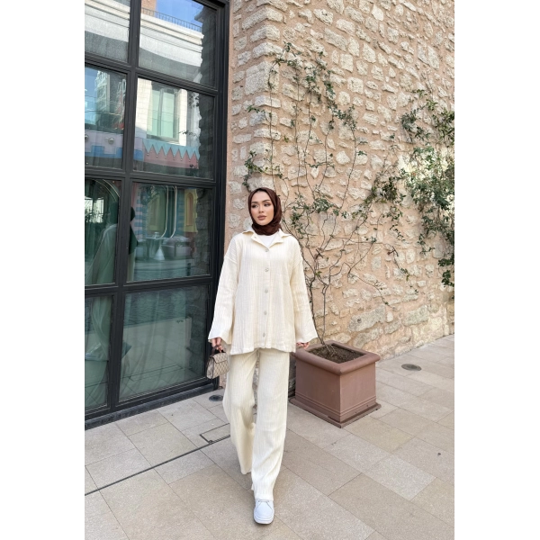 Zeyn Düğmeli Triko Takım - Bej