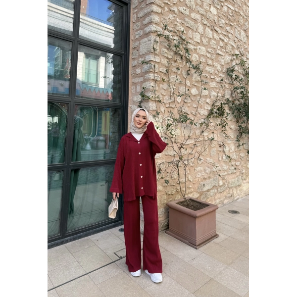 Zeyn Düğmeli Triko Takım - Bordo