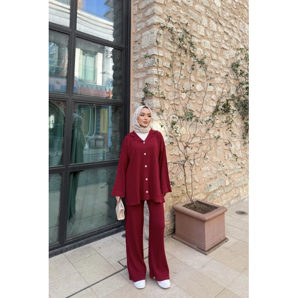 Zeyn Düğmeli Triko Takım - Bordo