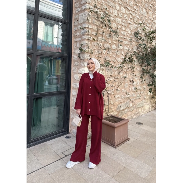 Zeyn Düğmeli Triko Takım - Bordo