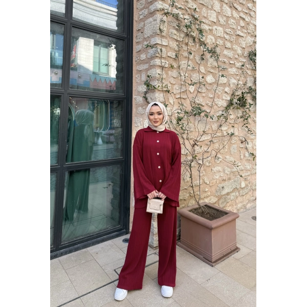 Zeyn Düğmeli Triko Takım - Bordo