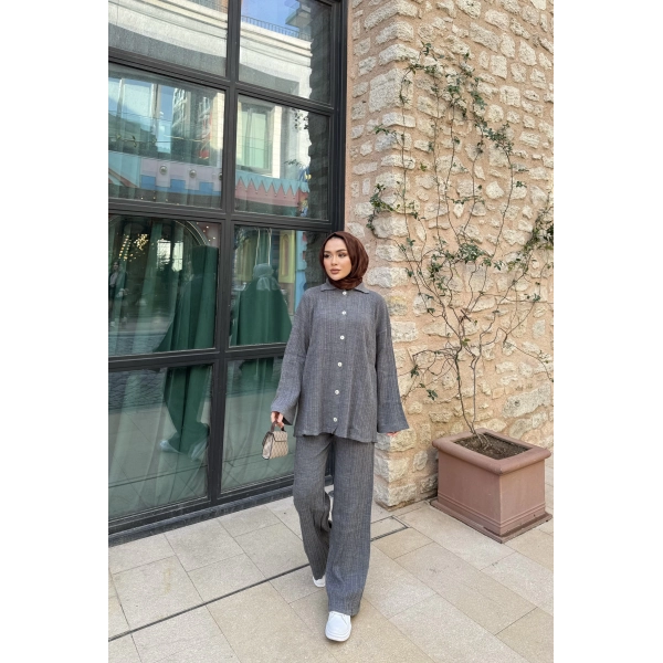 Zeyn Düğmeli Triko Takım - Gri