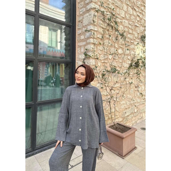 Zeyn Düğmeli Triko Takım - Gri